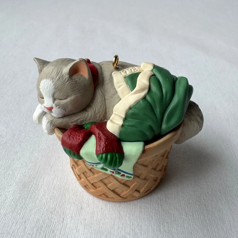 1998 Cat Naps Hallmark Collector Christmas Ornament Grey Kitten Laundry Basket
